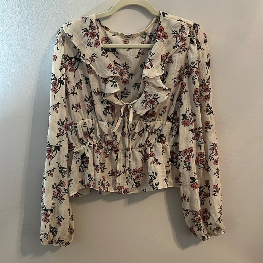 PINK FLORAL FLOWER CREAM LONG SLEEVE V NECK TIE BOW BLOUSE